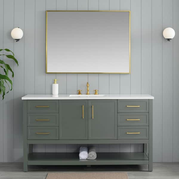 SUDIO Arlo 60 in W x 22 in D x 34 in H Bath Vanity in Vintage Green with Engineered Stone Top in Ariston White with White Sink