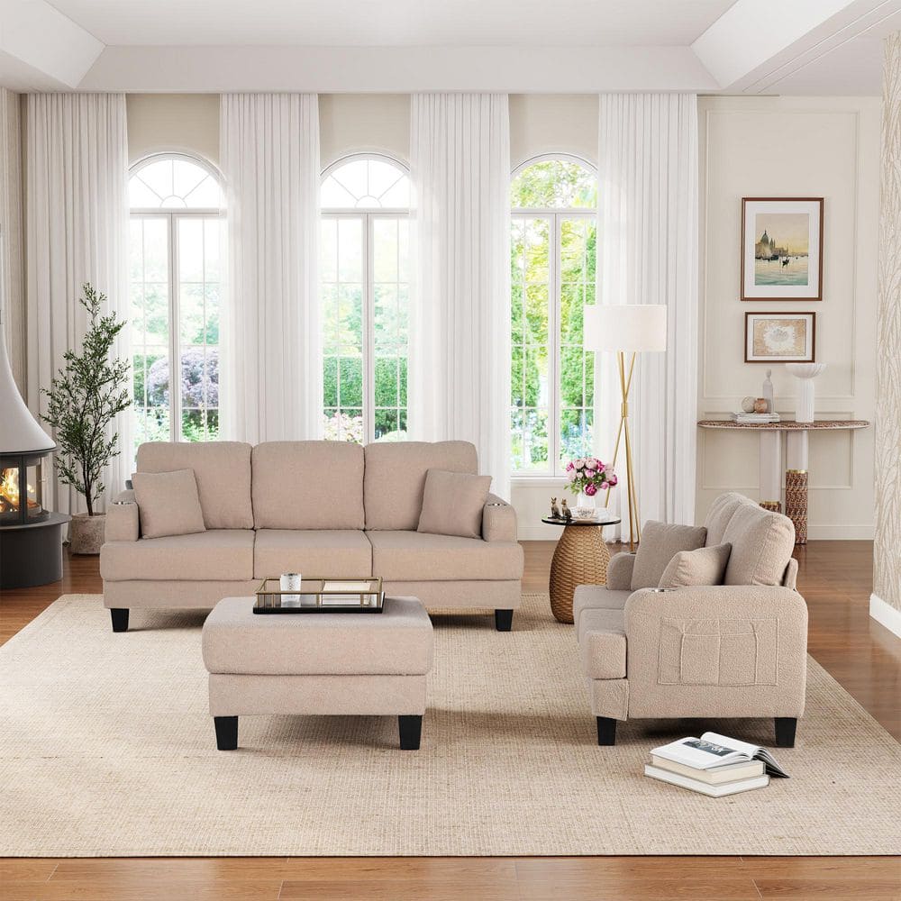 84 in. Square Arm Chenille Fabric Sofa Sectional Sofa with Storage Ottoman, USB Ports, and Cup Holders in Beige