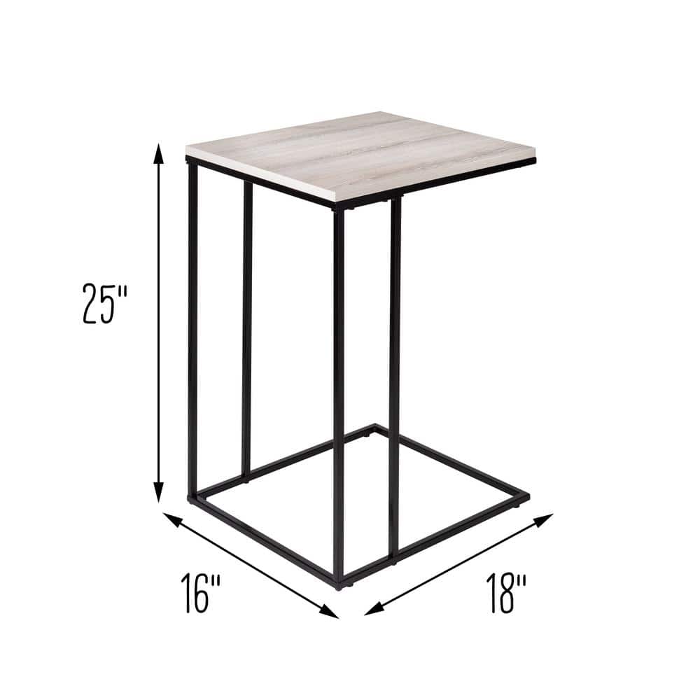 Natural Wood Grain and Matte Black Metal Square C-Shape End Table