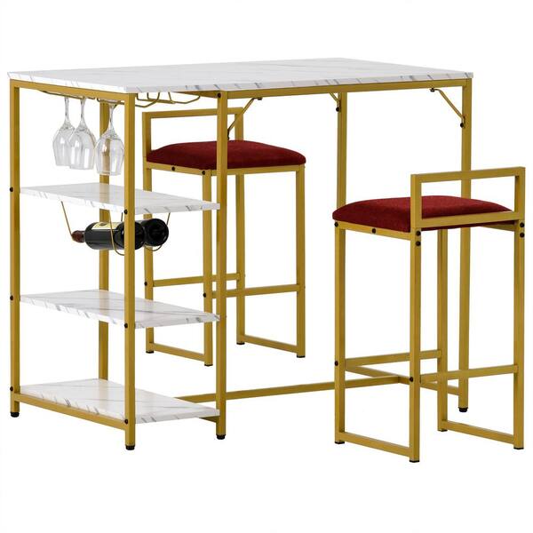 Utopia 4niture Axie 3-Pieces Rectangle Marble Top Gold Dining Table Set with 2-Upholstered Bar Stools