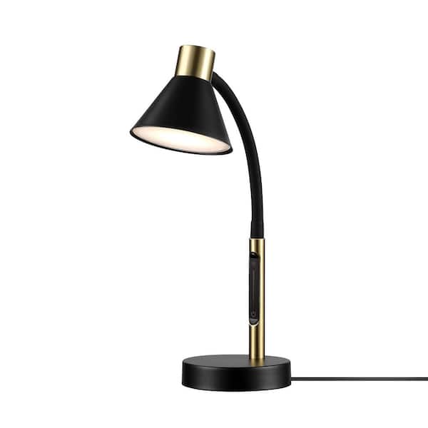 Globe Electric 15 in. LED Integrated Matte Black Desk Lamp with Matte Brass Accent and Adjustable Silicone Gooseneck
