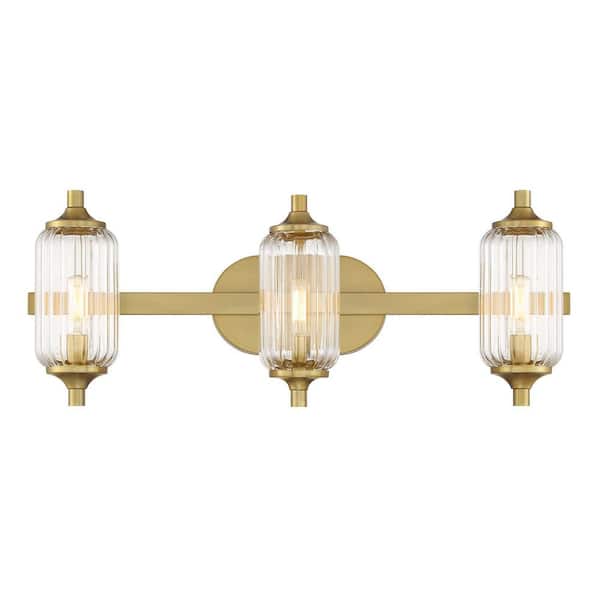 Holton 24 in. W x 9 in. H 3-Light Warm Brass Bathroom Vanity Light with Clear Ribbed Glass Shades