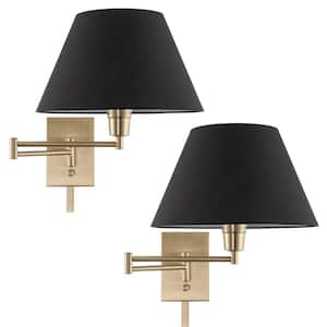 Cambridge 13 in. 1-Light Cool Brass 60-Watt Modern Wall Sconce with Black Shade, 2-Pack