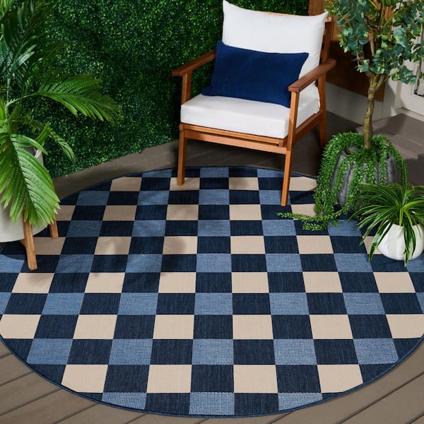 Courtyard 7 x 7 Navy/Beige Check Round Rug