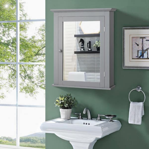 22 in. W Wall Mounted Cabinet with Bathroom Mirror and Adjustable Medicine Shelf in Grey