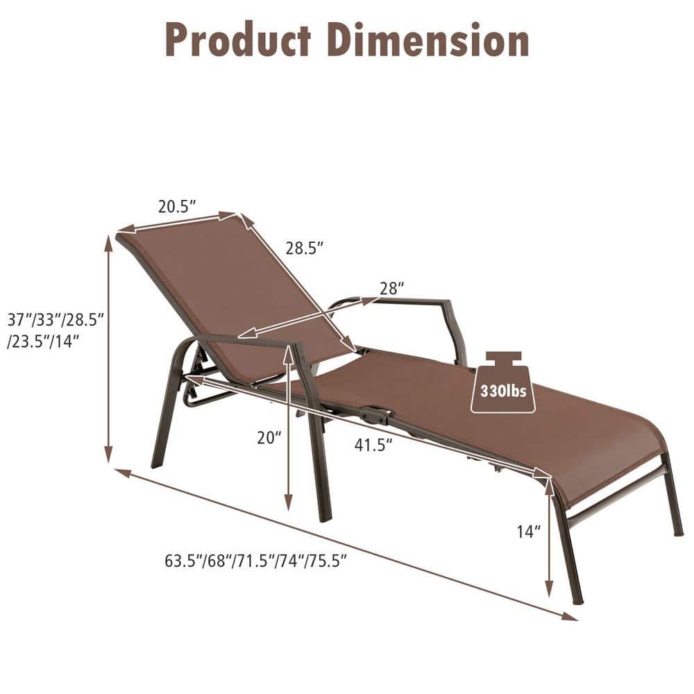 Brown Steel Adjustable Outdoor Chaise Lounge Set with Arms