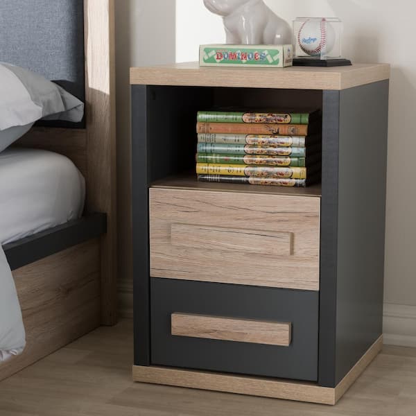 Baxton Studio Pandora 2-Drawer Dark Grey/Oak Light Brown Nightstand