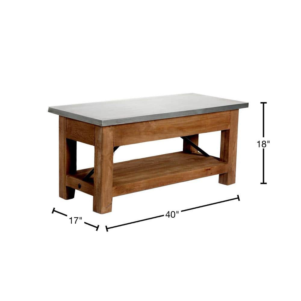 Modern Industrial Zinc and Wood 47" Bench with Storage Shelf