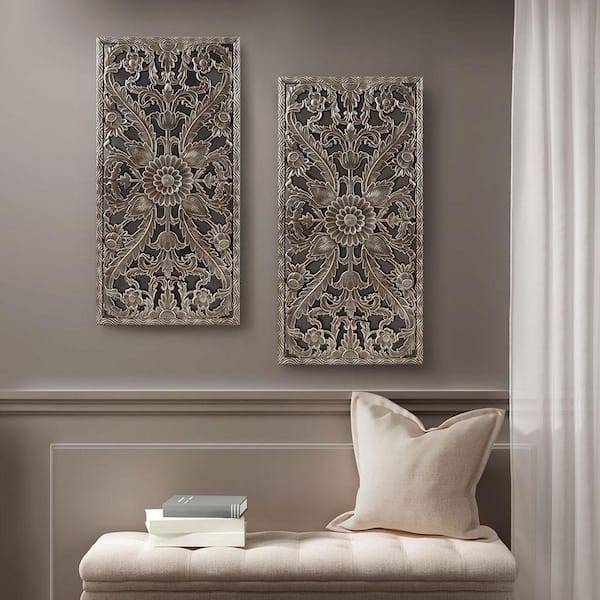 Brown Distressed Carved Lotus Flower Pattern Dimensional Wood Wall
