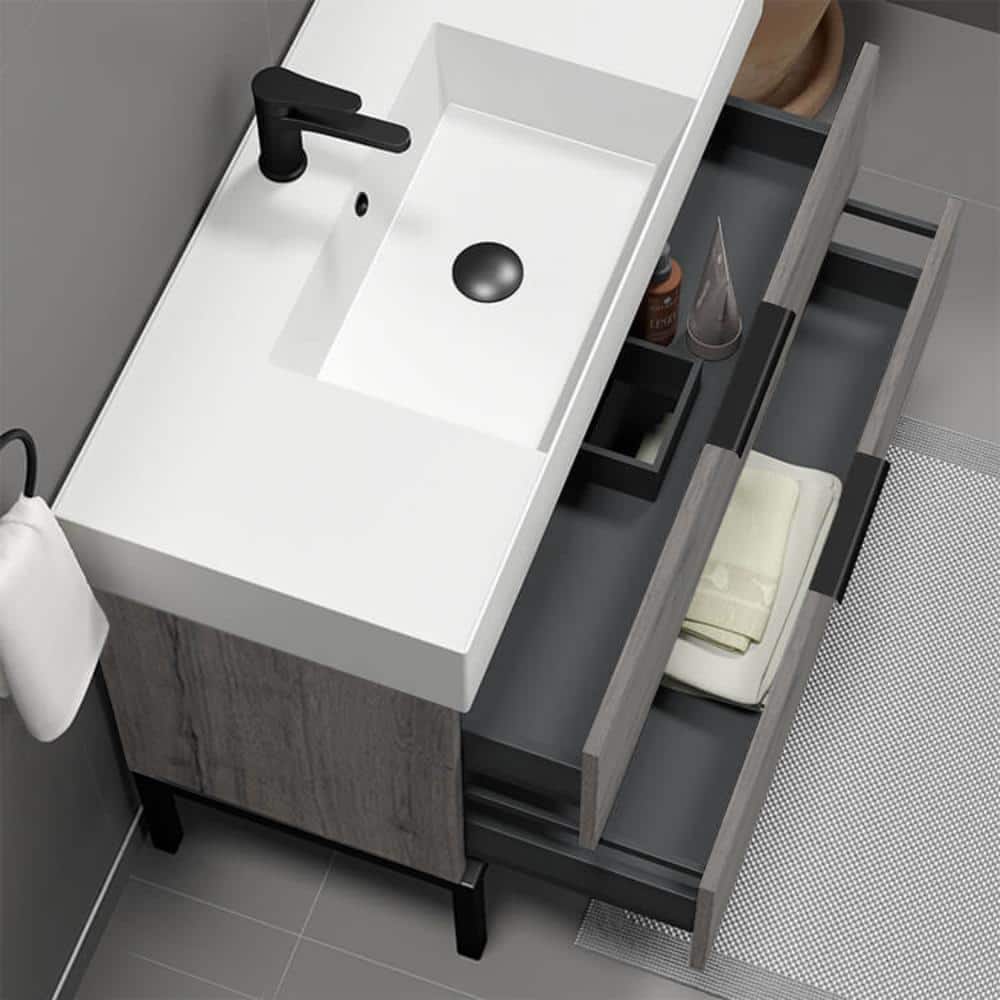 Derin 40" Grey Oak and Black Freestanding Single Basin Vanity Set