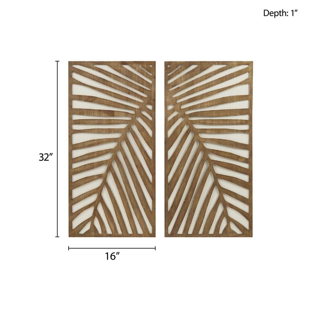 Dark Brown MDF Botanical Carved Wall Panel Set, 2-Piece