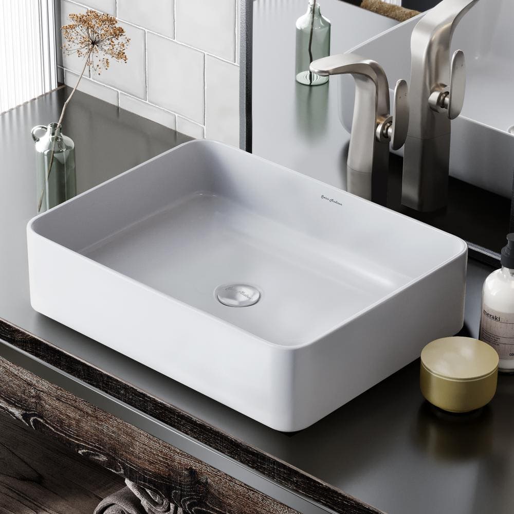 White Ceramic Above-Counter Rectangular Vessel Sink