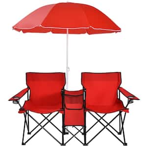 Red Plastic Portable Folding Picnic Double Chair W/Umbrella Table Cooler Beach Camping