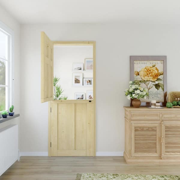 30 in. x 80 in. Unfinished Solid Pine Wood Universal 6-Panel Clear Glass Dutch Door Interior Door Slab Split Single Door