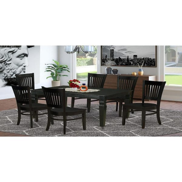 7-Piece Rectangle Black Finish Solid Wood Top Dining Table with 6-Chairs with Butterfly Leaf Slat Back