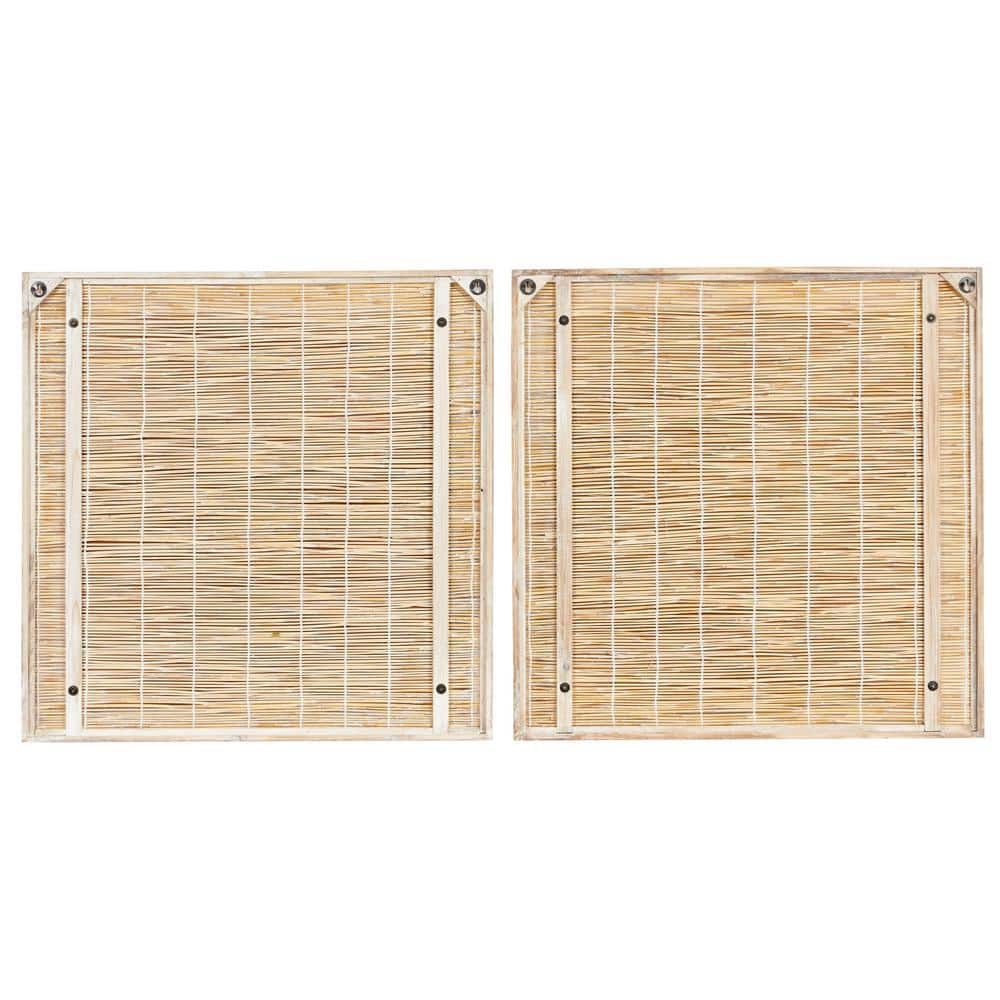 Blue and Green Abstract Leaf Wall Art with Brown Wood Frame, Set of 2