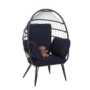 Black Patio Swing Wicker Steel Frame Outdoor Egg Lounge Chair with Navy Blue Cushion