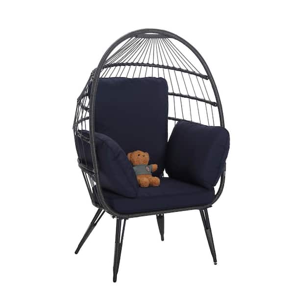 Sudzendf Black Patio Swing Wicker Steel Frame Outdoor Egg Lounge Chair with Navy Blue Cushion
