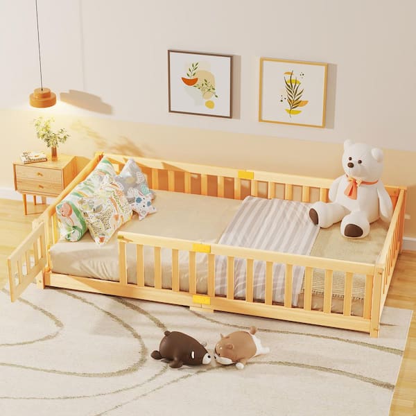 Twin Floor Bed for Kids Twin 42 in. W x 14 in. H Montessori Bed Frame with Wood Slat and Door and Slat Toddler Floor Bed
