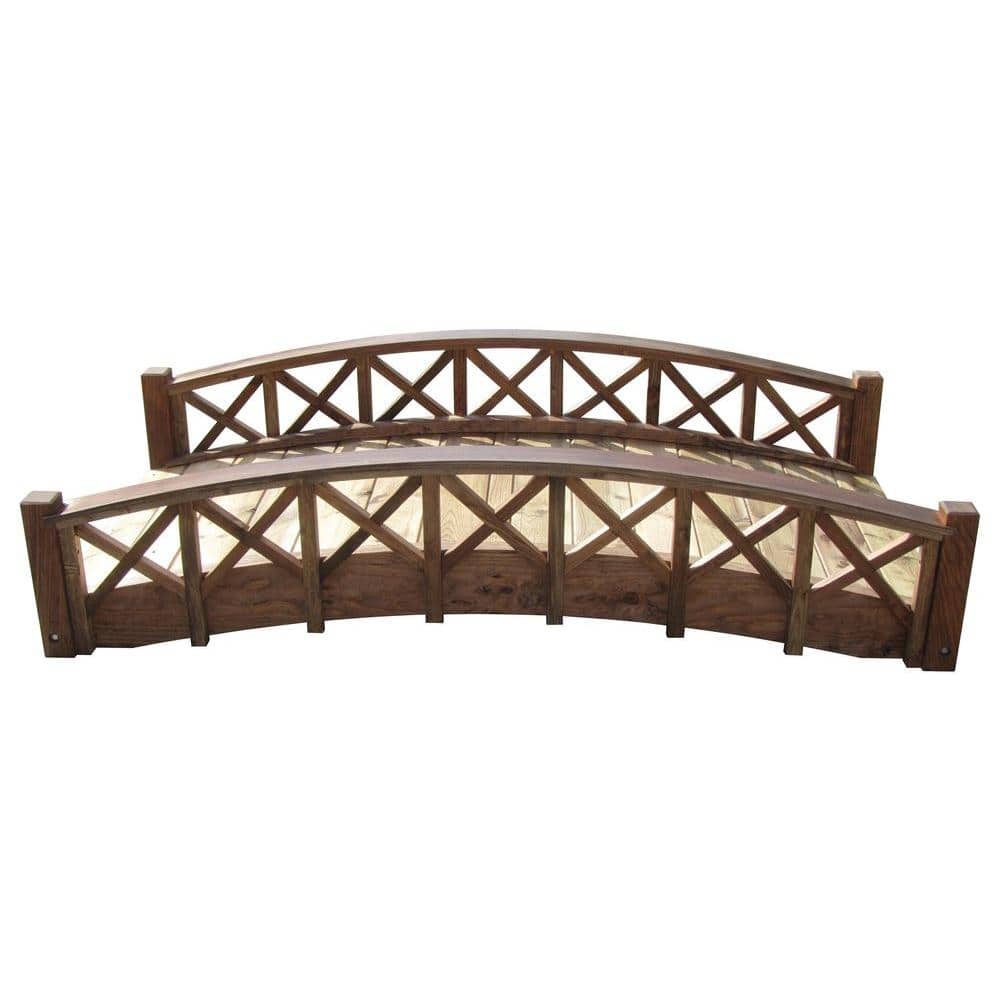 72" Brown Wood Garden Bridge with Cross Halved Lattice Railing