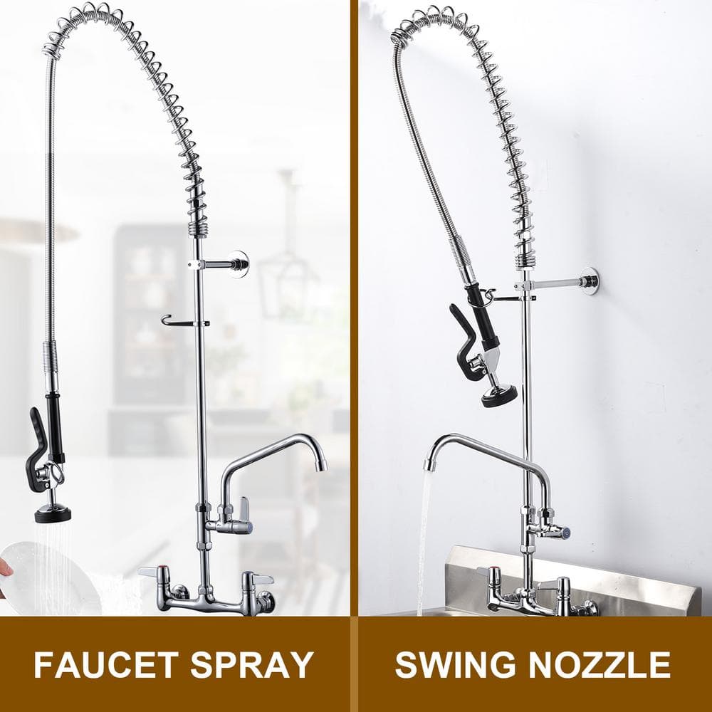 Commercial Chrome Triple Handle Wall Mount Kitchen Faucet with Pull-out Spray