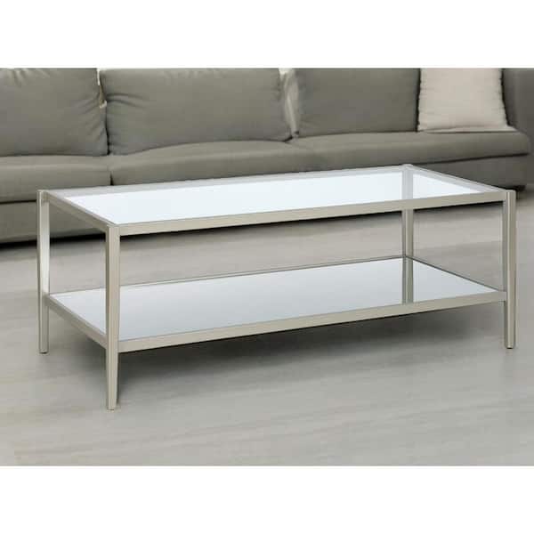 HomeRoots 45 in. Silver Rectangle Glass Coffee Table with Shelves Storage