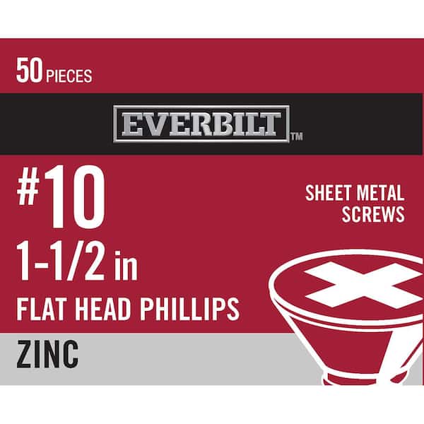 Everbilt #10 x 1-1/2 in. Phillips Flat Head Zinc Plated Sheet Metal Screw (50-Pack)