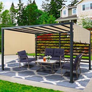 12 ft. x 10 ft. Beige Flat Steel Frame Pergola with Retractable Textilene Shade Cover