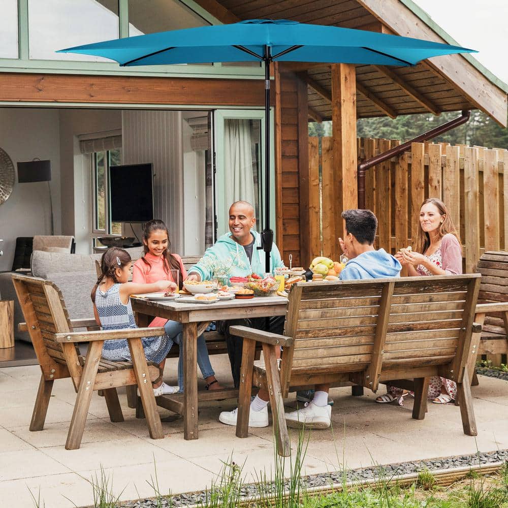 Teal Rectangular Steel Patio Umbrella with Tilt and Crank Lift