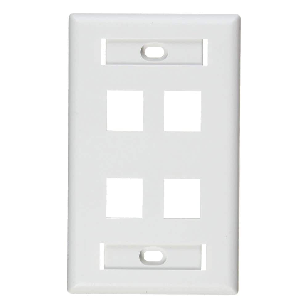 White Plastic 4-Port Single Gang QuickPort Wallplate