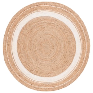 Natural Fiber Beige/Ivory 4 ft. x 4 ft. Woven Striped Round Area Rug