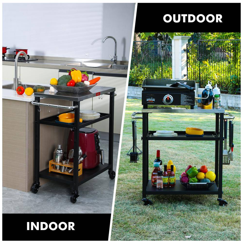 Adjustable 3-Tier Black and Stainless Steel Outdoor Grill Cart