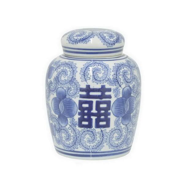 THREE HANDS 7.5 in. Blue and White Ceramic Jar