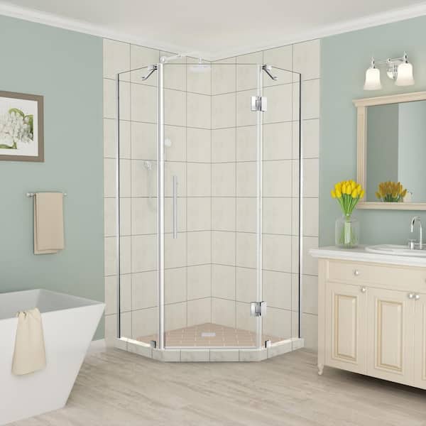 Aston Merrick 34 in. to 34.25 in. x 72 in. Frameless Hinged Neo-Angle Shower Enclosure in Stainless Steel