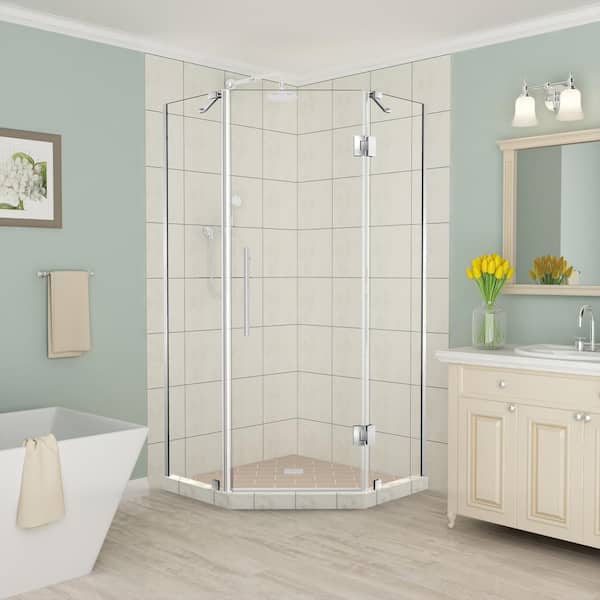 Aston Merrick 38 in. to 38.5 in. x 72 in. Frameless Hinged Neo-Angle Shower Enclosure in Stainless Steel