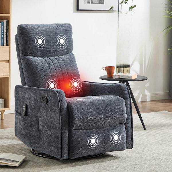 Blue Chenille Fabric Manual Swivel Rocking Recliner Chair with Heat Massage Lumbar Support Living Room Recliner
