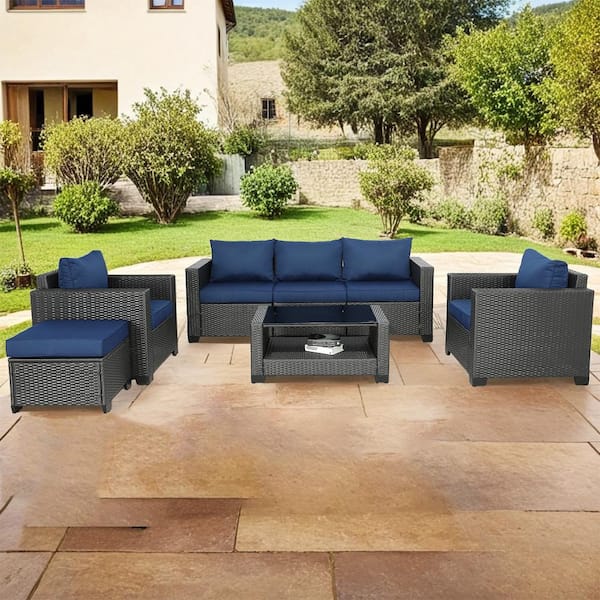 Unbranded Outdoor Furniture Set 7-Piece Rattan Sectional Outdoor Seating with Dark Blue Cushions, Wicker Sofas, Ottomans, Table