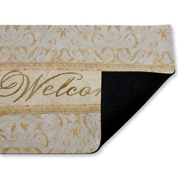 Vintage Damask Neutrals Entry Blue 18 in. x 30 in. Polyester Non-Slip Outdoor Door Mat