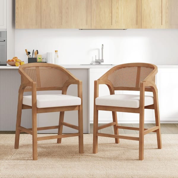 Dorian Village 24.25 in. Wood Frame Counter Stool with Beige Fabric Cushion, Rattan Woven Back, Natural Oak