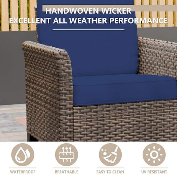 5-Piece Wicker Patio Conversation Set with Blue Cushions, 3-Seater Sofa, Lounge Chair, and Ottoman