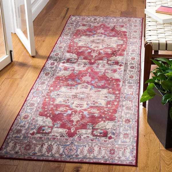 Tuscon Red/Beige 3 ft. x 6 ft. Machine Washable Floral Medallion Runner Rug