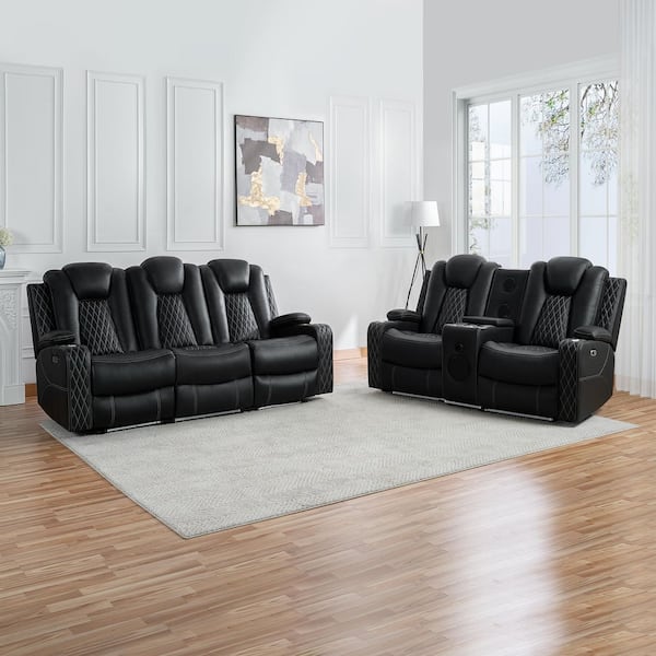 MAYKOOSH 84.25 in. Theater-Style Air Leather Power Reclining Sofa, Loveseat Sectional Sofa Set with Adjustable Headrests in Black