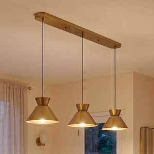 Meridian 9 in. W x 6in. H 3-Light Natural Brass Mid-Century Modern Linear Chandelier with Metal Shades