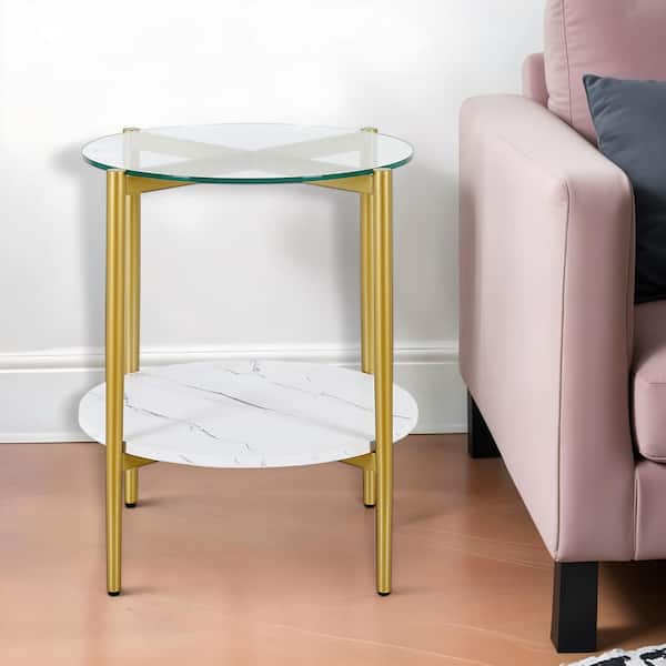 HomeRoots 20 in. Gold Round Glass End Table