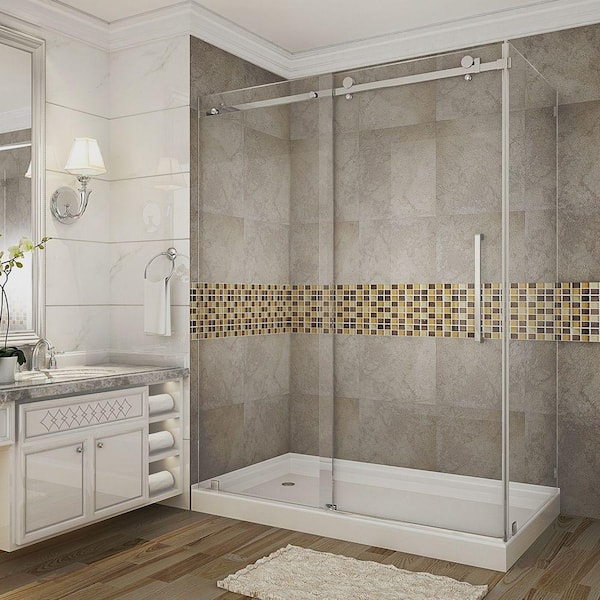 Aston Moselle 60 in. x 35 in. x 77.5 in. Completely Frameless Sliding Shower Enclosure in Chrome with Left Drain Base