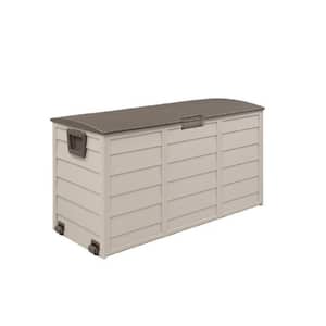 75 Gal. Plastic Outdoor Garden Storage Deck Box Chest Tools Cushions Toys Lockable Seat with Wheels in Light Brown