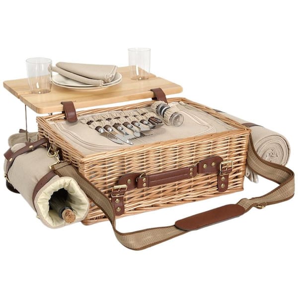 Natural Multifunctional Wicker Picnic Basket Set for 2 with Blanket Picnic Table, Insulated Picnic Set with Tablewares