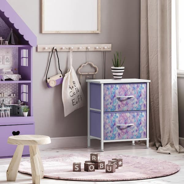 Tie-Dye Purple, 2 Drawers, 11.8 in. W Nightstand, Set of 2 Kids Bedside Furniture, Steel Frame, Wood Top and Fabric Bins