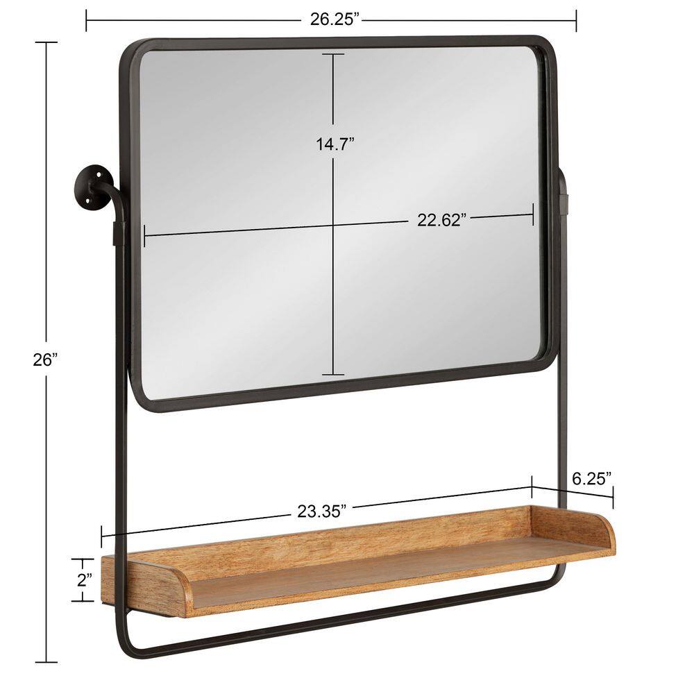 Rustic Brown and Black Rectangular Wall Mirror with Shelf