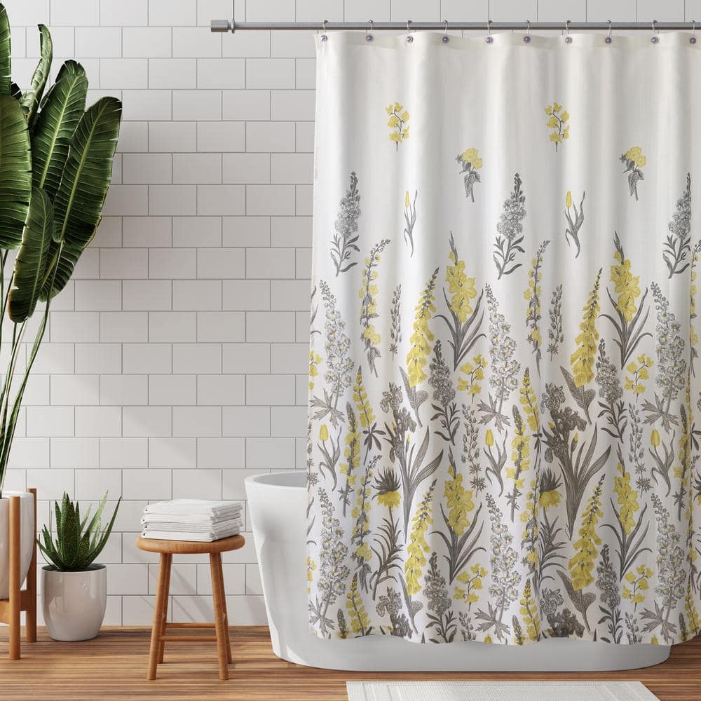 Farmhouse Shower Curtain 72x72 Embroidered Bee Creme Yellow Grey